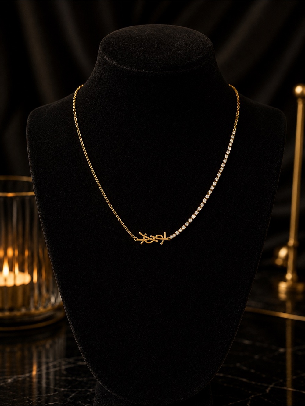 18K Gold YSL Monogram Crystal Tennis Chain Statement Necklace